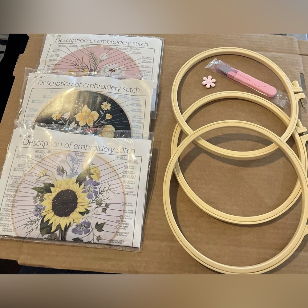 Embroidery Kit Floral Pattern Set 3 Hoops Starter Sewing Craft DIY Adult Hobby